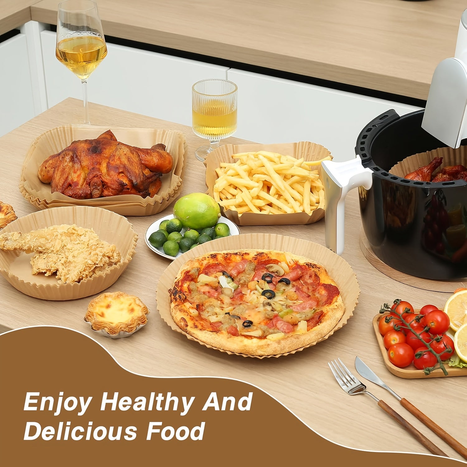 100pcs Of Air Fryer Paper, Disposable Air Fryer Mat, Non Stick Disposable Air Fryer Mat, 8-Inch Unbleached Baking Paper, Suitable For 5-8QT Air Fryer, Microwave Baking Father Gift