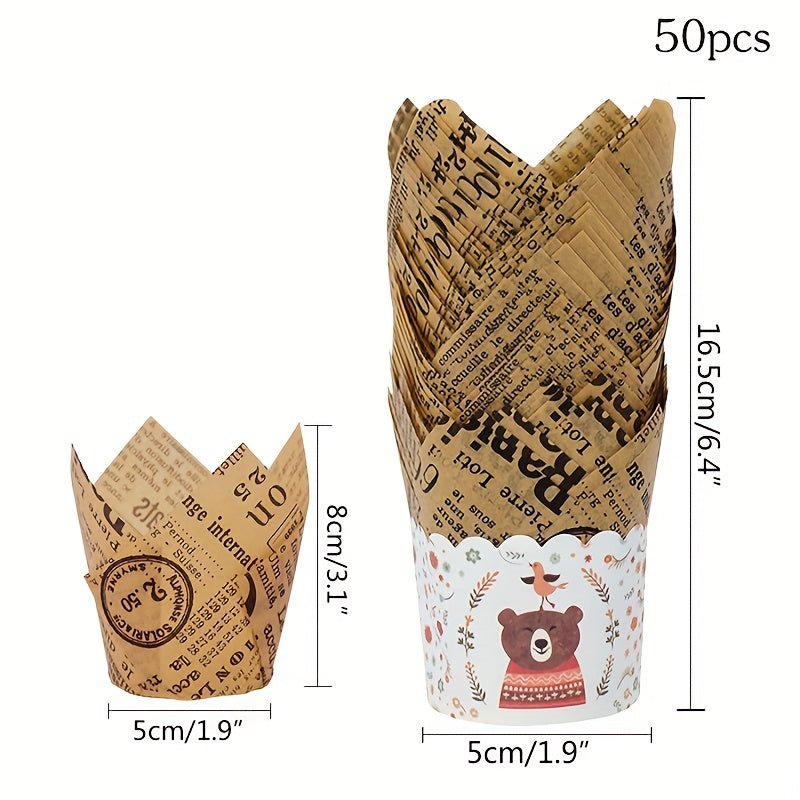 50pcs, Tulip Muffin Cups, Disposable Cupcake Cups, Heat Resistant Greaseproof Paper Cupcake Liners, Muffin Molds, Baking Tools, Kitchen Gadgets, Kitchen Accessories