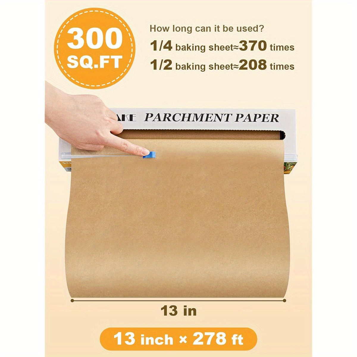 Parchment Paper Roll for Baking, 13in x 278ft, 300 sq. ft, Non- Stick Baking Paper Sheets with Slide Cutter, Heavy Duty Extra Long, for Kitchen Baking Cooking Grilling Steaming, Unbleached, Steaming Paper, Kitchen Essentials, Nonstick Surface, Heavyduty