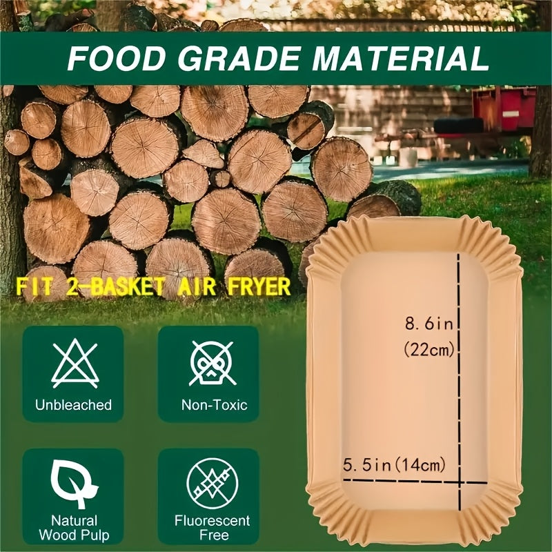 100pcs Moroder Non-Stick Disposable Air Fryer Liners - Rectangular, Oil & Waterproof Parchment Paper Baking Sheets for Dual Basket Fryers, Ideal for French Fries, Chicken Nuggets, Wings & More, Essential Kitchen Accessory
