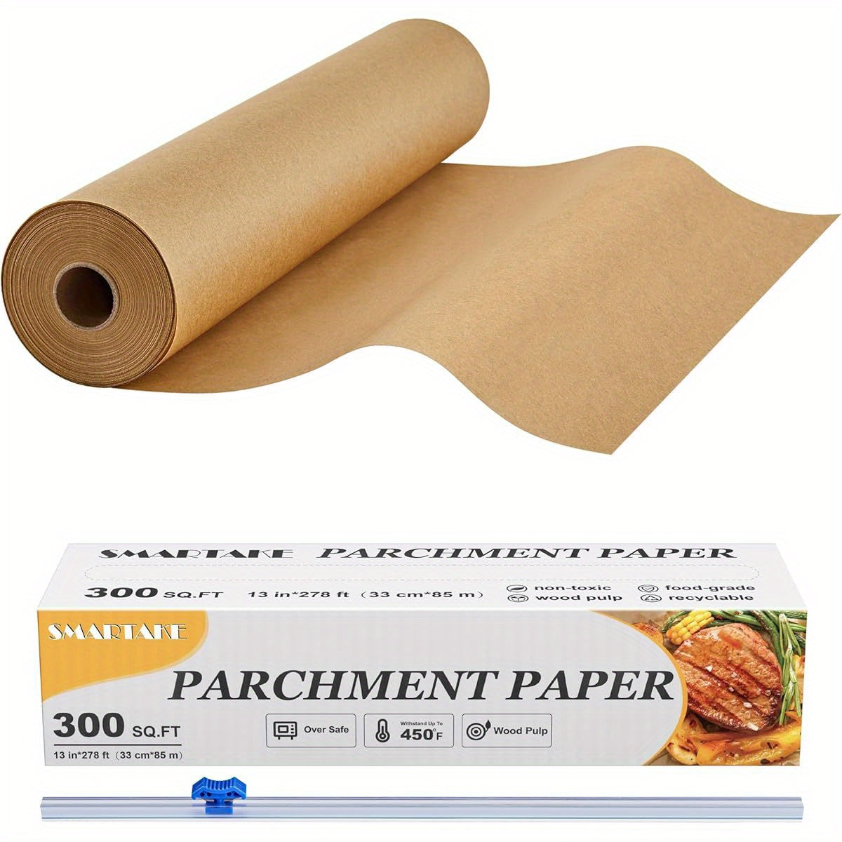 Parchment Paper Roll for Baking, 13in x 278ft, 300 sq. ft, Non- Stick Baking Paper Sheets with Slide Cutter, Heavy Duty Extra Long, for Kitchen Baking Cooking Grilling Steaming, Unbleached, Steaming Paper, Kitchen Essentials, Nonstick Surface, Heavyduty