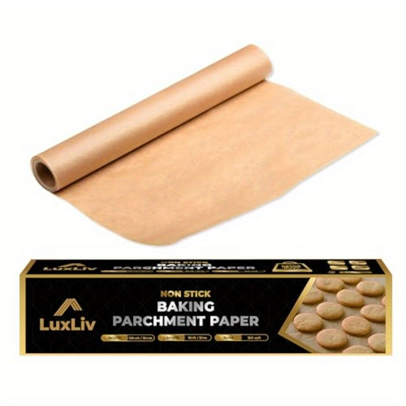 164ft/50m LuxLiv Non-Stick Baking Parchment Paper Roll - Extra Thick Greaseproof Wax Paper for Sourdough Bread, Pastries, Cookies, and More - Brown, Non-Stick, Easy to Tear, Perfect for Baking and Cooking, Baking Essentials | Nonstick Parchment |