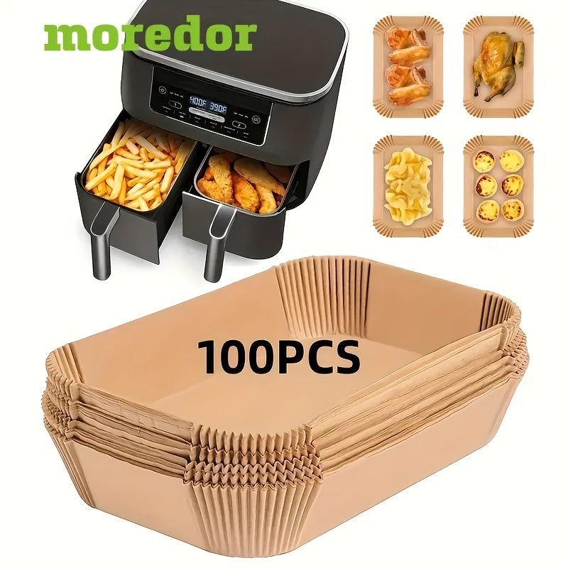 100pcs Moroder Non-Stick Disposable Air Fryer Liners - Rectangular, Oil & Waterproof Parchment Paper Baking Sheets for Dual Basket Fryers, Ideal for French Fries, Chicken Nuggets, Wings & More, Essential Kitchen Accessory