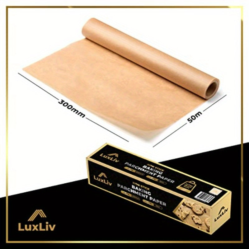 164ft/50m LuxLiv Non-Stick Baking Parchment Paper Roll - Extra Thick Greaseproof Wax Paper for Sourdough Bread, Pastries, Cookies, and More - Brown, Non-Stick, Easy to Tear, Perfect for Baking and Cooking, Baking Essentials | Nonstick Parchment |