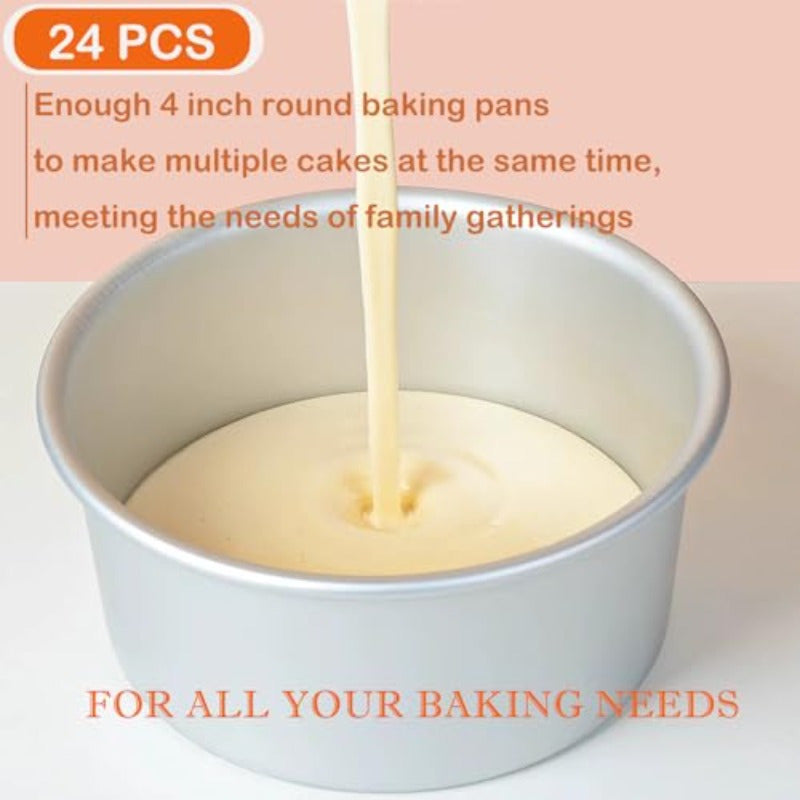 4 Inch Small Cake Pan Set of 24 Nonstick Aluminum Cake Baking Pans with 100pcs Round Parchment Paper Cake Pans with Removable Bottom for Mini Cheesecakes Pizzas and Dessert