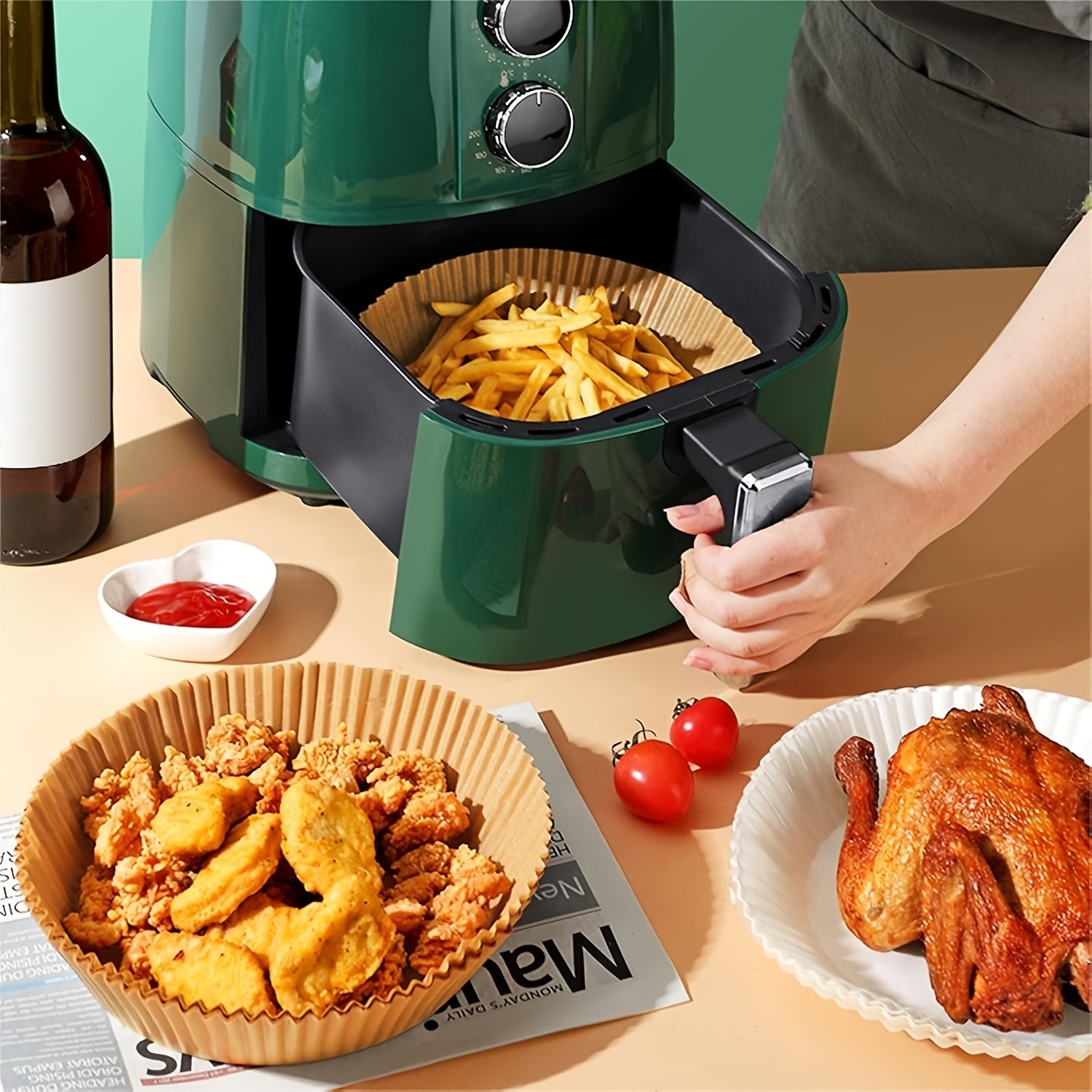 50/ 100pcs, disposable paper lining for air fryer, air fryer 6.3-7 inch lining [for 2-8 QT], non-stick parchment, for frying, baking, cooking, baking and microwave ovens, oil-proof, tray non-stick silicone oil paper, kitchen accessories