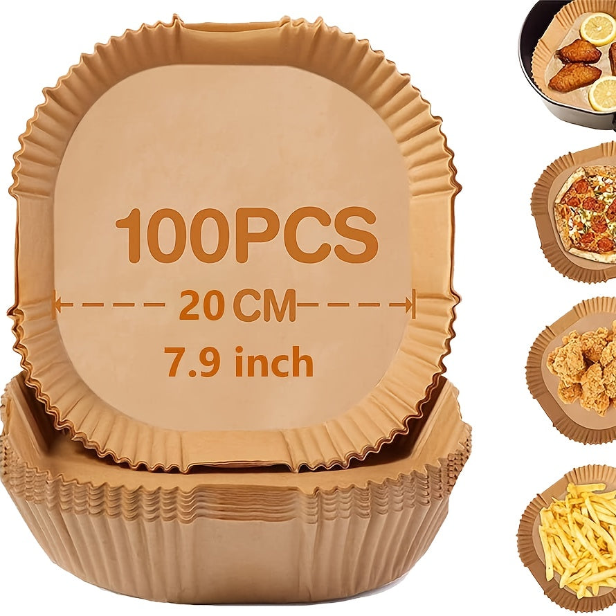 100pcs Of Air Fryer Paper, Disposable Air Fryer Mat, Non Stick Disposable Air Fryer Mat, 8-Inch Unbleached Baking Paper, Suitable For 5-8QT Air Fryer, Microwave Baking Father Gift
