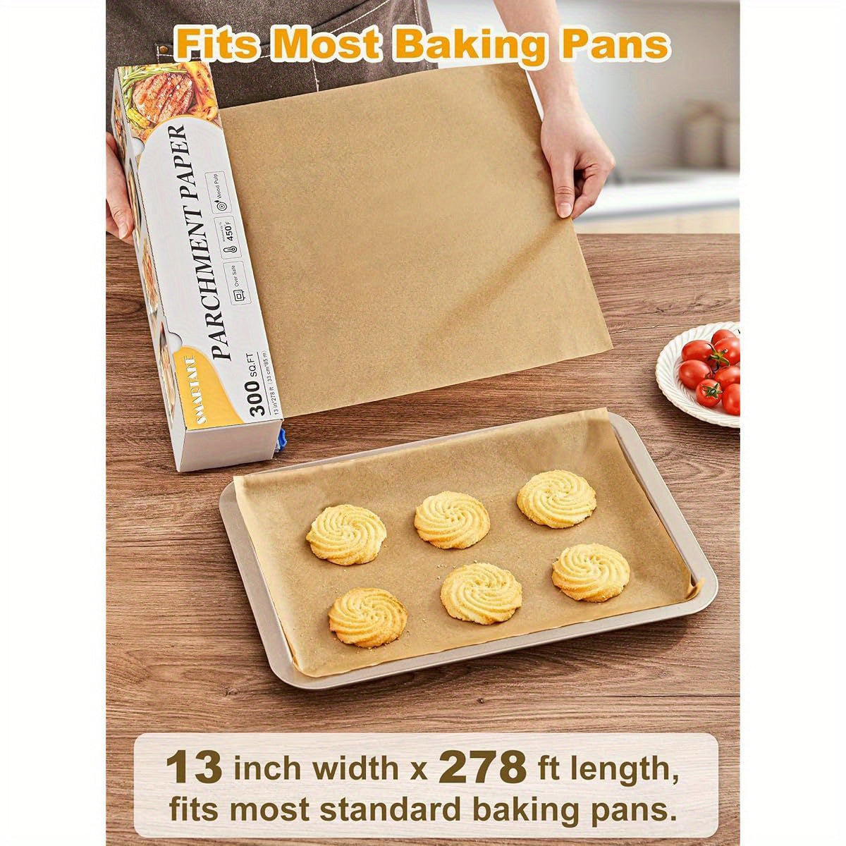 Parchment Paper Roll for Baking, 13in x 278ft, 300 sq. ft, Non- Stick Baking Paper Sheets with Slide Cutter, Heavy Duty Extra Long, for Kitchen Baking Cooking Grilling Steaming, Unbleached, Steaming Paper, Kitchen Essentials, Nonstick Surface, Heavyduty